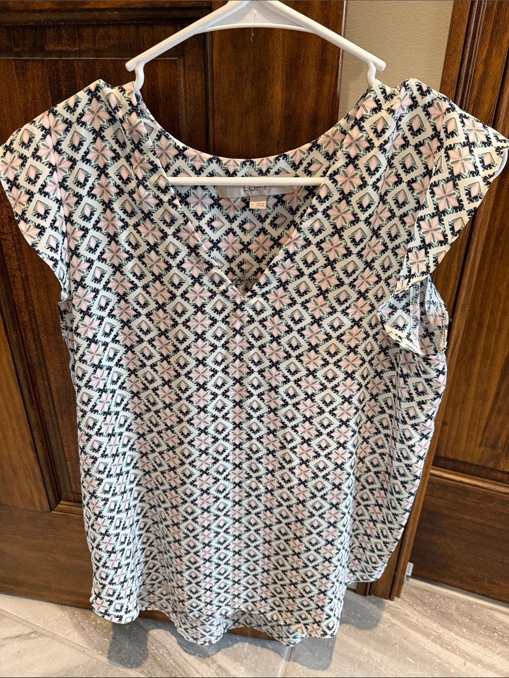 LOFT Pink, Black and White Geometric Cap-Sleeve Blouse